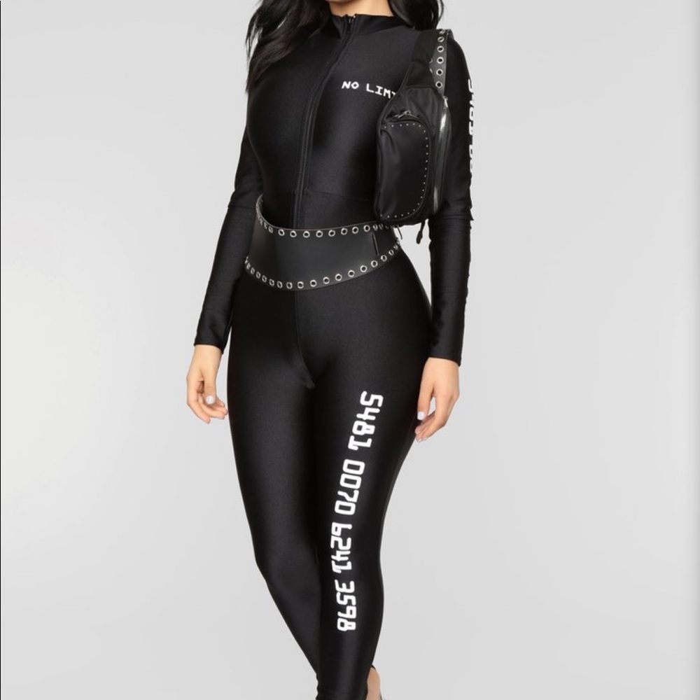 Black jumpsuit w white numbers